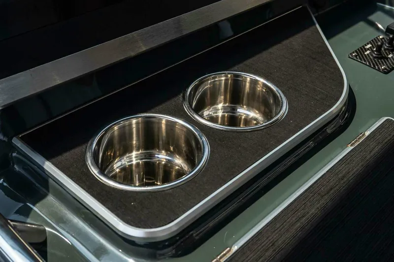  Yacht Photos Pics Stainless steel cup holders on 2025 Cigarette 52' Thunder boat interior.