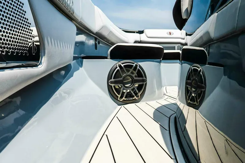  Yacht Photos Pics 2025 Cigarette 52' Thunder boat interior with sleek design and premium audio system.