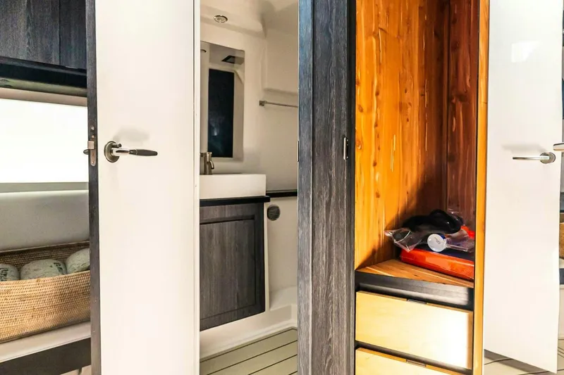  Yacht Photos Pics Interior of 2025 Cigarette 52' Thunder yacht featuring modern cabinetry and storage.