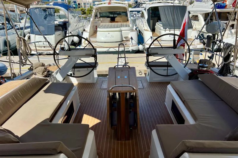 Gr Yacht Photos Pics Luxurious 2017 Grand Soleil 52LC yacht interior with dual steering wheels and comfortable seating.