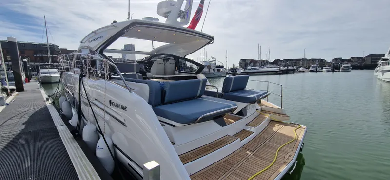  Yacht Photos Pics Fairline Targa 40 Yacht 2024 in harbor, luxurious design.