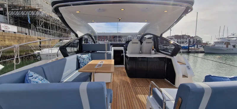  Yacht Photos Pics Interior of 2024 Fairline Targa 40 yacht with luxurious seating area.