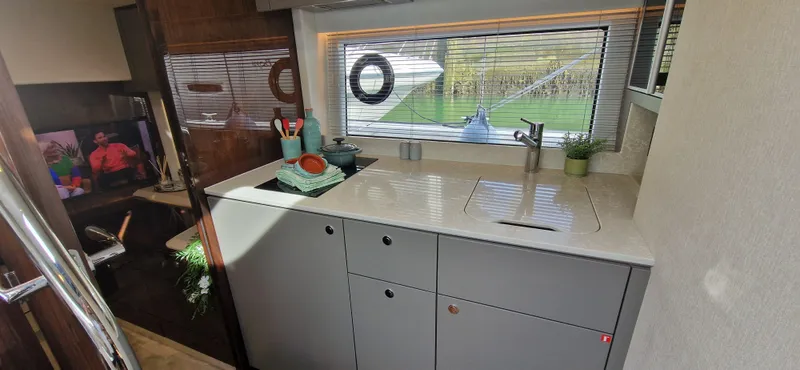  Yacht Photos Pics Interior of Fairline Targa 40 yacht, modern kitchen, year 2024.