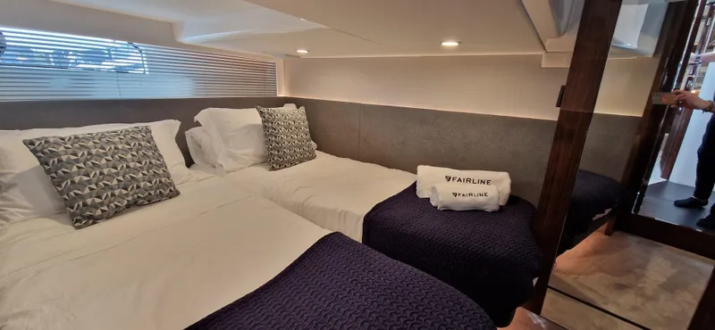  Yacht Photos Pics Interior of Fairline Targa 40 yacht, 2024, featuring twin beds.