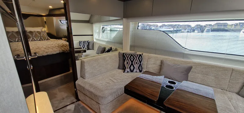  Yacht Photos Pics Interior of Fairline Targa 40 yacht, 2024 model, featuring stylish living area.