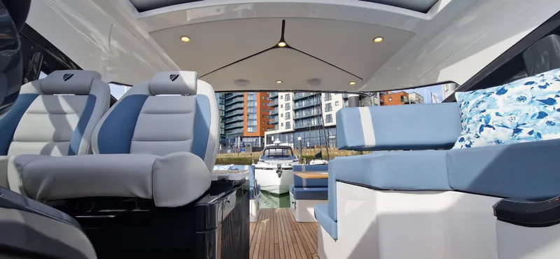  Yacht Photos Pics Interior of 2024 Fairline Targa 40 yacht with modern seating.