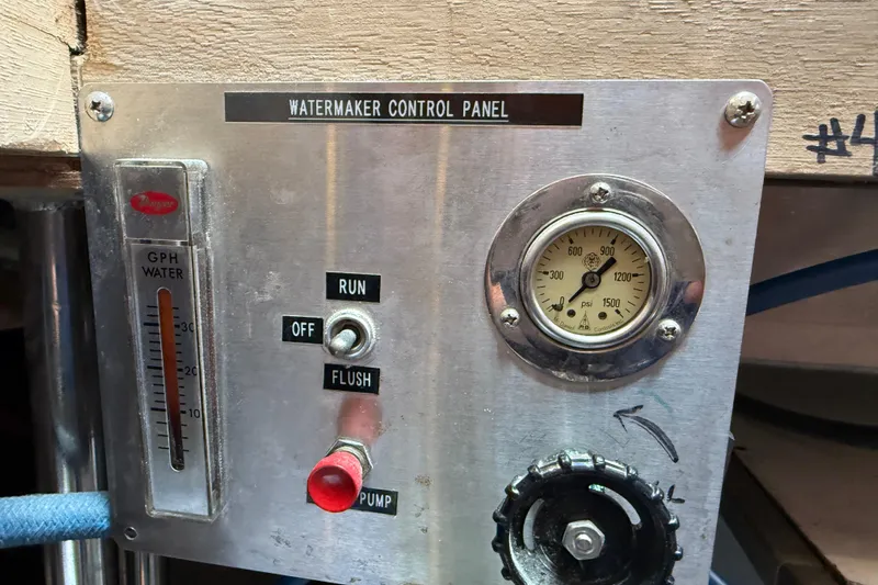Qui-si-sana Yacht Photos Pics Watermaker control panel with gauges and switches on a 1989 Jefferson 52 Victory.