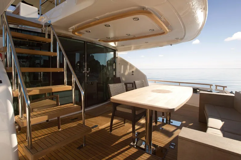  Yacht Photos Pics Luxurious 2015 Fairline Squadron 78 yacht deck with elegant seating and ocean view.