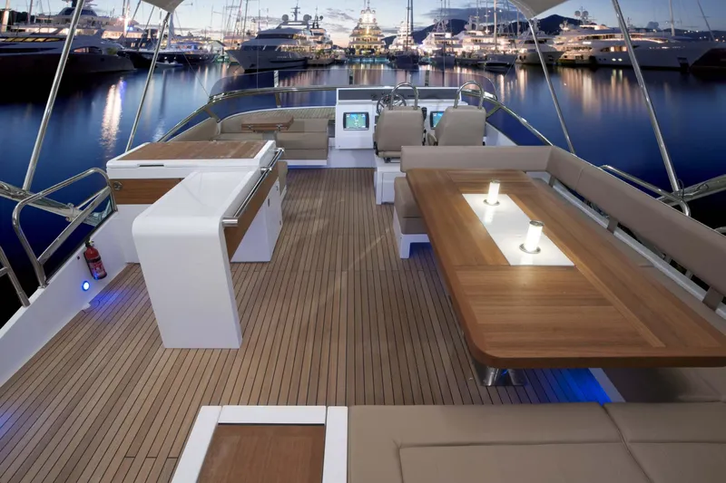  Yacht Photos Pics Luxurious 2015 Fairline Squadron 78 yacht deck with elegant seating and ambient lighting.