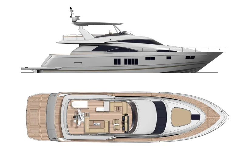  Yacht Photos Pics 2015 Fairline Squadron 78 yacht, side and top view, showcasing sleek design and spacious layout.