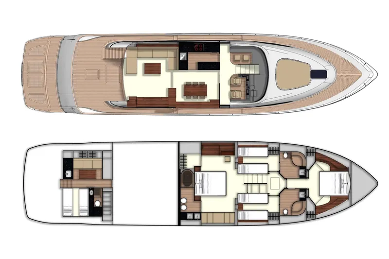  Yacht Photos Pics Floor plan of a 2015 Fairline Squadron 78 luxury yacht, showcasing upper and lower decks.