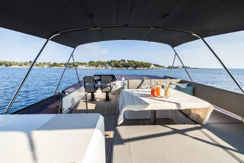 Jam Yacht Photos Pics Luxurious 2018 Sunseeker 74 Sport Yacht with elegant outdoor dining area and scenic ocean view.