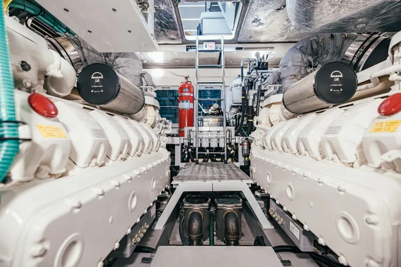 Jam Yacht Photos Pics Engine room of 2018 Sunseeker 74 Sport Yacht, featuring dual MAN engines.