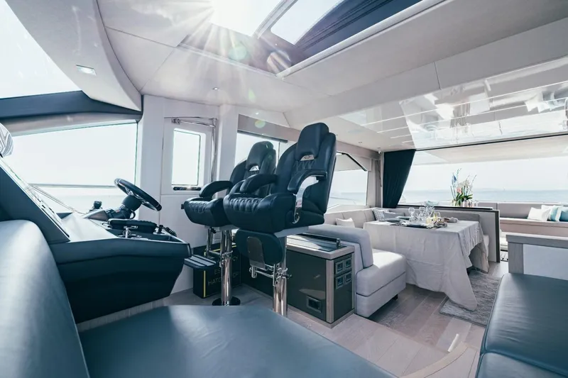 Jam Yacht Photos Pics Luxurious interior of 2018 Sunseeker 74 Sport Yacht with helm and dining area.