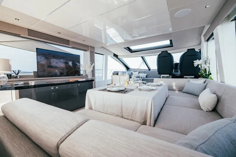Jam Yacht Photos Pics Luxurious interior of 2018 Sunseeker 74 Sport Yacht with elegant dining area and modern decor.
