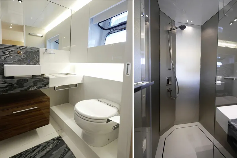  Yacht Photos Pics Luxurious bathroom and shower in 2024 Arcadia Yachts A85, featuring modern design and sleek finishes.