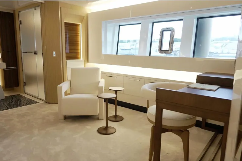  Yacht Photos Pics Luxurious interior of 2024 Arcadia Yachts A85, featuring elegant seating and modern design.