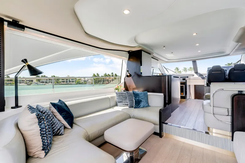  Yacht Photos Pics Luxurious interior of 2020 Azimut 60 Fly yacht with elegant seating and scenic views.