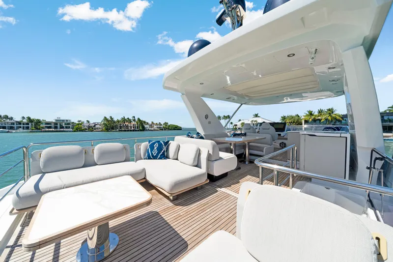 Yacht Photos Pics Luxurious 2020 Azimut 60 Fly yacht deck with elegant seating and ocean view.