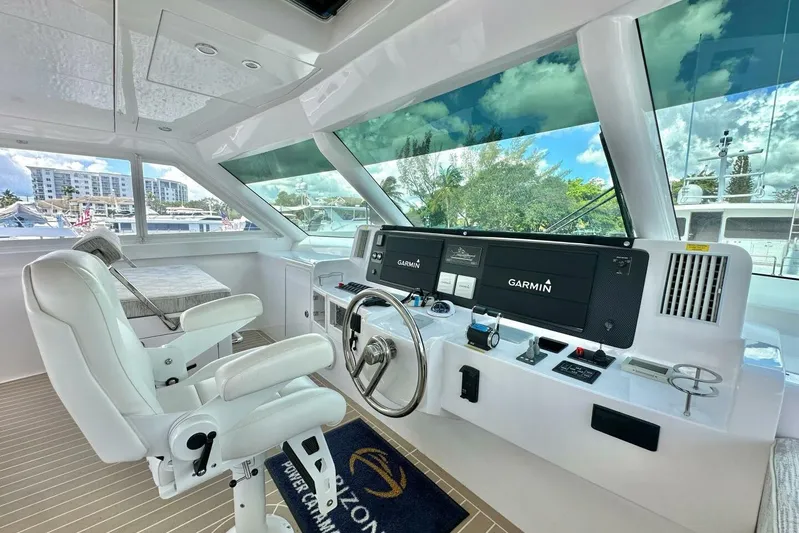 Oasis Yacht Photos Pics Luxurious 2023 Horizon PC60 yacht helm with modern Garmin navigation system and plush seating.