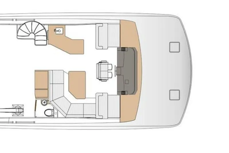 Oasis Yacht Photos Pics Deck layout of 2023 Horizon PC60 yacht, featuring seating and spiral staircase.