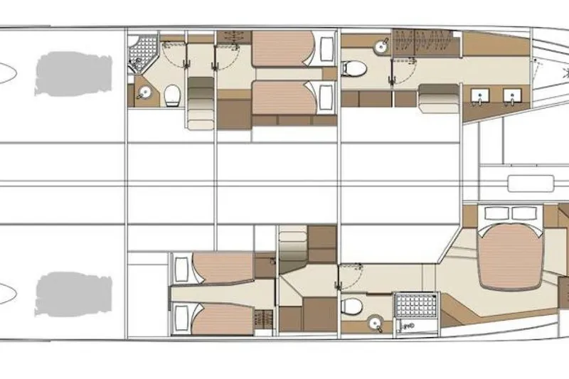 Oasis Yacht Photos Pics Floor plan of 2023 Horizon PC60 yacht, featuring bedrooms and bathrooms layout.