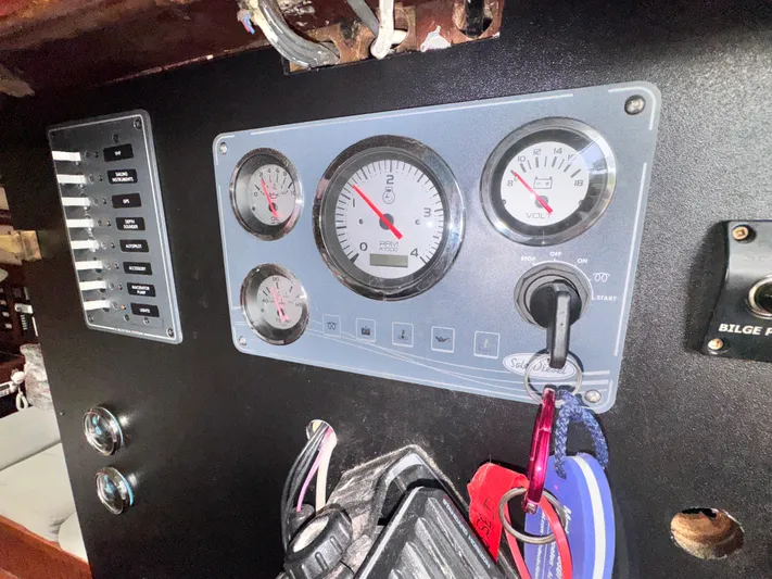  Yacht Photos Pics Control panel of a 1980 Hans Christian 38 MKII sailboat with gauges and switches.