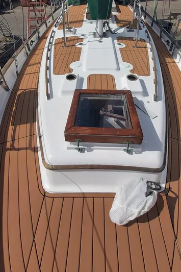  Yacht Photos Pics 1980 Hans Christian 38 MKII sailboat deck with wooden accents and hatch.