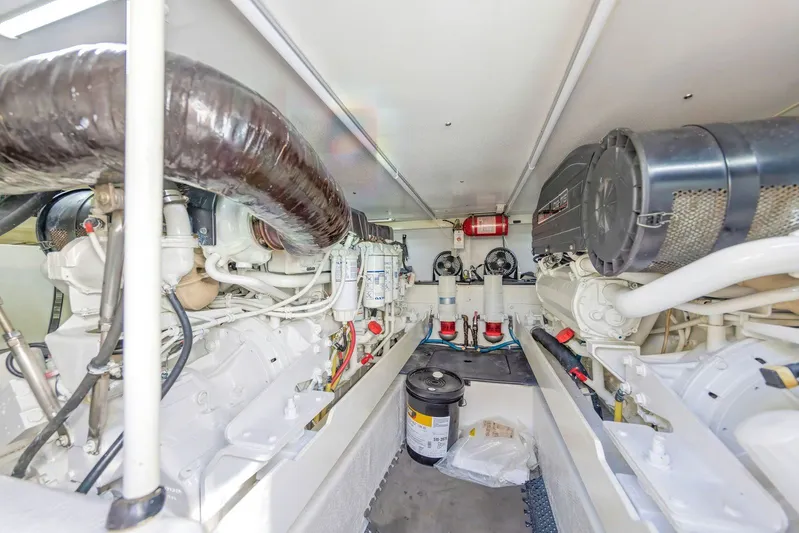 El Matador Yacht Photos Pics Engine room of a 2007 Silverton 45 Convertible yacht, showcasing mechanical components.