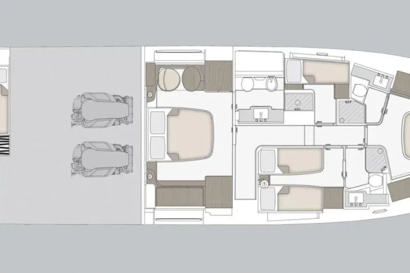  Yacht Photos Pics Floor plan of 2025 Azimut Magellano 66 yacht, showcasing cabin and engine layout.