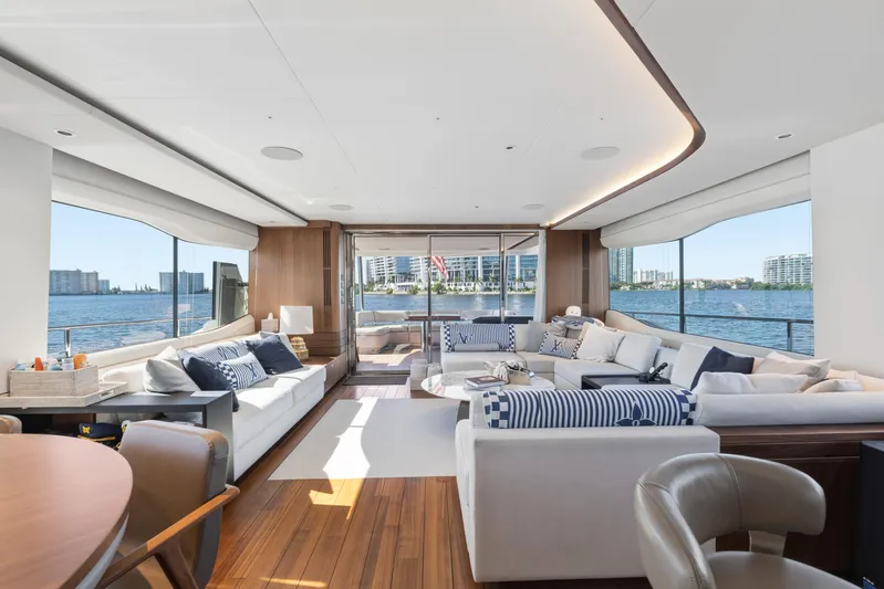  Yacht Photos Pics Luxurious interior of 2022 Princess Y85 yacht with elegant seating and panoramic water views.