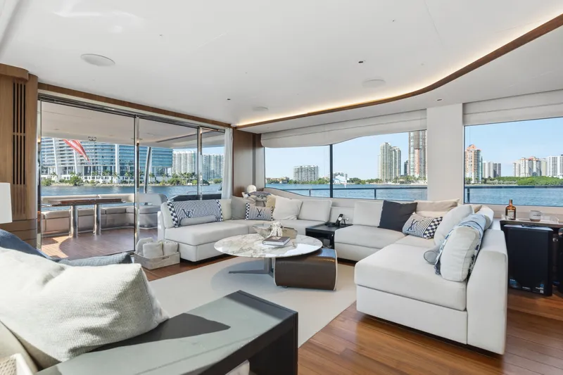  Yacht Photos Pics Luxurious interior of 2022 Princess Y85 yacht with waterfront city views.
