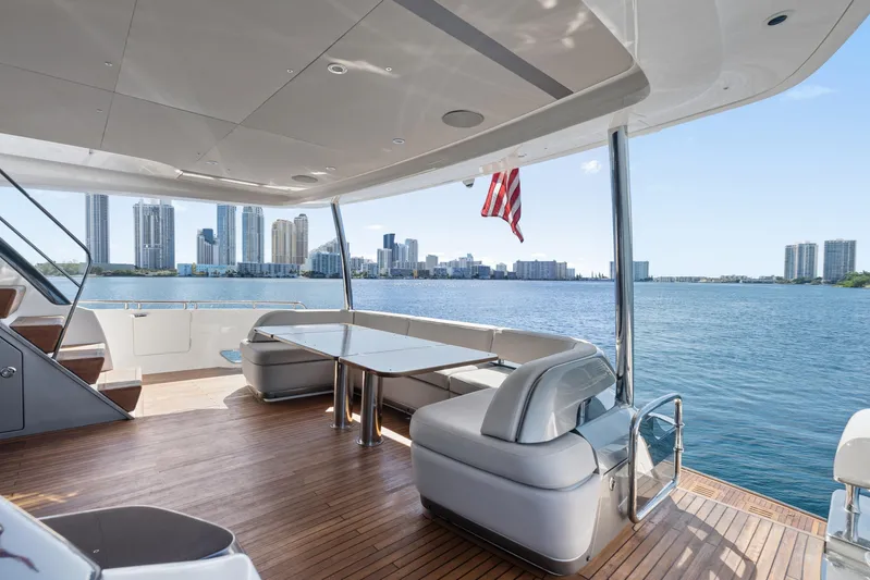  Yacht Photos Pics Luxurious 2022 Princess Y85 yacht deck with city skyline and ocean view.