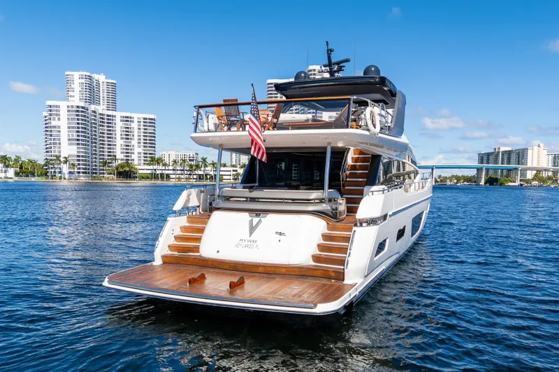  Yacht Photos Pics Luxury 2022 Princess Y85 yacht on water with city skyline backdrop.