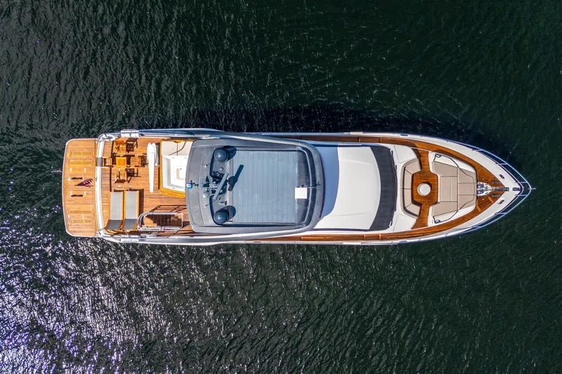  Yacht Photos Pics Aerial view of 2022 Princess Y85 luxury yacht on open water.