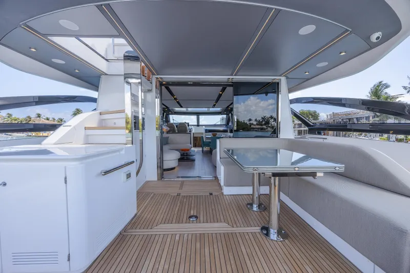 No Time To Die Yacht Photos Pics 2023 Azimut S8 yacht interior with sleek design, spacious seating, and modern amenities.