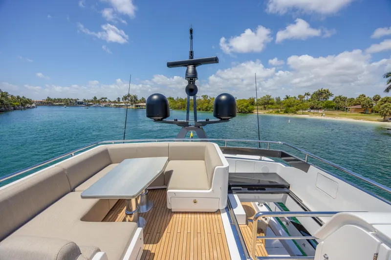 No Time To Die Yacht Photos Pics Luxurious 2023 Azimut S8 yacht deck with seating, overlooking serene waters and lush shoreline.
