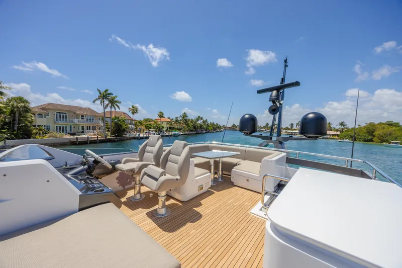 No Time To Die Yacht Photos Pics Luxury Azimut S8 yacht deck with seating, 2023 model, under clear blue sky.