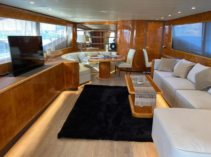  Yacht Photos Pics Luxurious interior of a 2004 Leopard 26 Flybridge yacht with elegant wood finishes and modern furnishings.