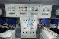 Electrical control panel in a 2004 Leopard 26 Flybridge yacht engine room.