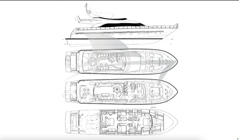  Yacht Photos Pics Blueprint of 2004 Leopard 26 Flybridge yacht, showcasing detailed deck layouts and side profile.