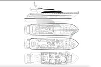 Blueprint of 2004 Leopard 26 Flybridge yacht, showcasing detailed deck layouts and side profile.