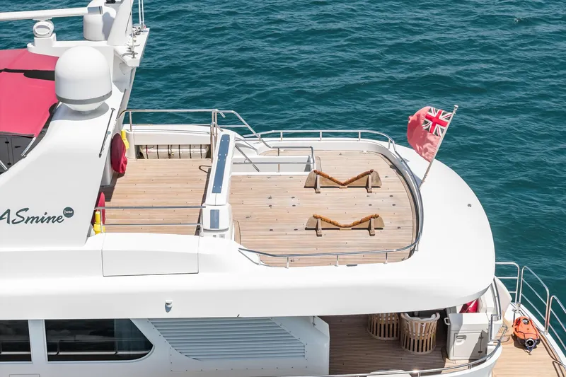 Jasmine Luna Yacht Photos Pics Luxury yacht "JASMINE LUNA" by Moonen, 2007, with deck and flag, on blue ocean water.