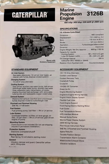 Marco Polo Yacht Photos Pics Caterpillar 3126B marine engine specifications and equipment list on a Selene Pilothouse 2004 brochure.