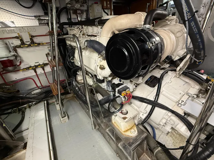 Marco Polo Yacht Photos Pics Engine room of a 2004 Selene Pilothouse yacht, showcasing detailed machinery and components.