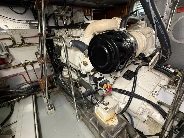 Marco Polo Yacht Photos Pics Engine room of 2004 Selene Pilothouse yacht, showcasing detailed machinery and components.