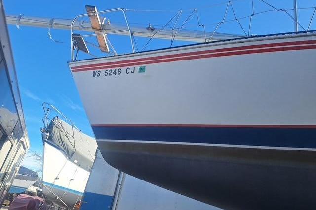 1983 Express 30 sailboat with registration WS 5246 CJ, docked under clear blue sky.