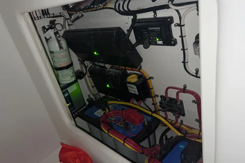  Yacht Photos Pics Electrical compartment of 2025 Concept 27' Open Deck boat with wiring and equipment.