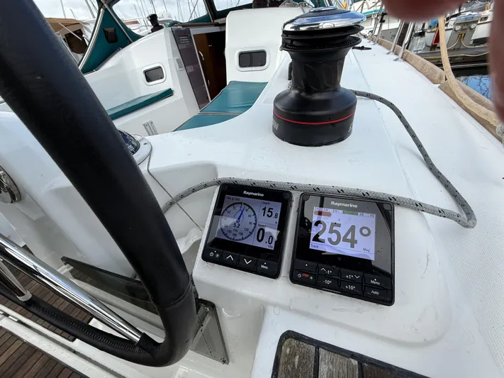 Seaglass Yacht Photos Pics Cockpit of 2019 Jeanneau Sun Odyssey 349 with navigation instruments and winch.