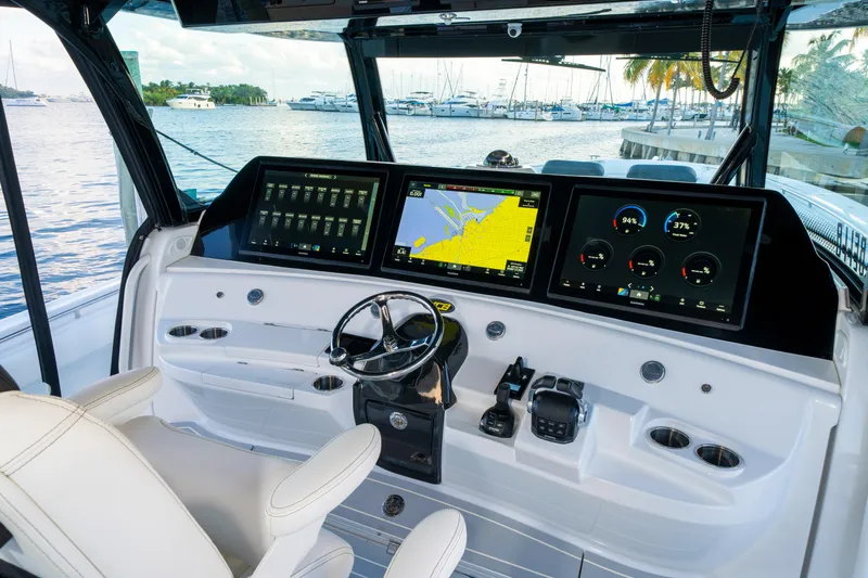  Yacht Photos Pics Helm of 2021 HCB 65 Estrella with advanced navigation displays and controls.